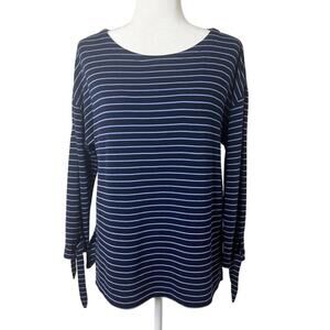 Loft Women's Top S Navy Blue Striped Tie Long Sleeve Slit Hem Tunic T-Shirt